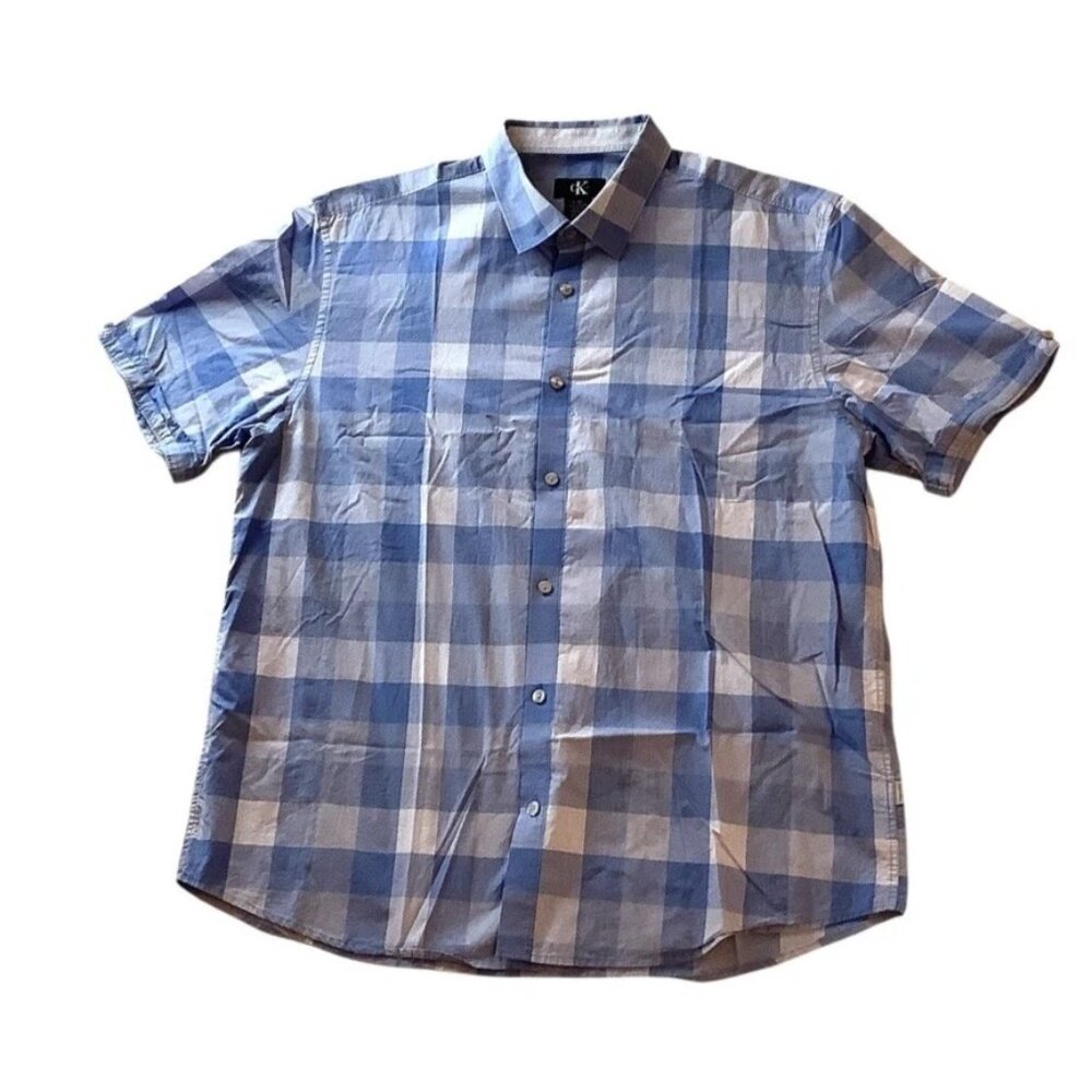 Calvin Klein Blue Plaid Short Sleeve Button Up Shirt Size Large